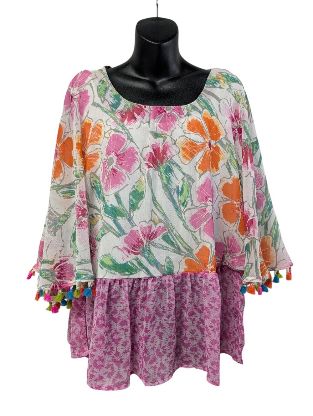 Cupio Blush Women Sz L Multi Color Floral Print Top Tassel Sleeves Blouses NWT